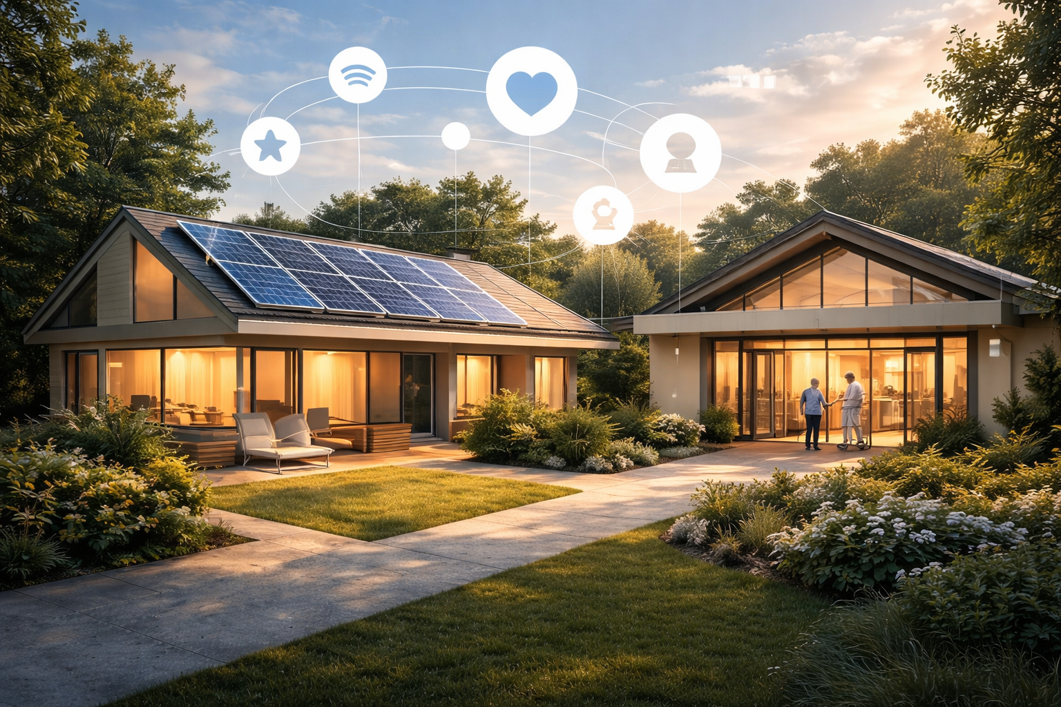 Bildet kan inneholde: hjem, eiendom, solcellepanel, hage, solenergi.