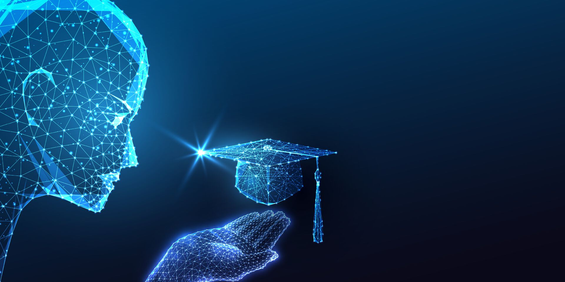 Integration of technology in education with futuri stic AI robotic head holding graduation cap on dark blue background. Innovation, digital learning advancements. Polygonal abstract vector illustration