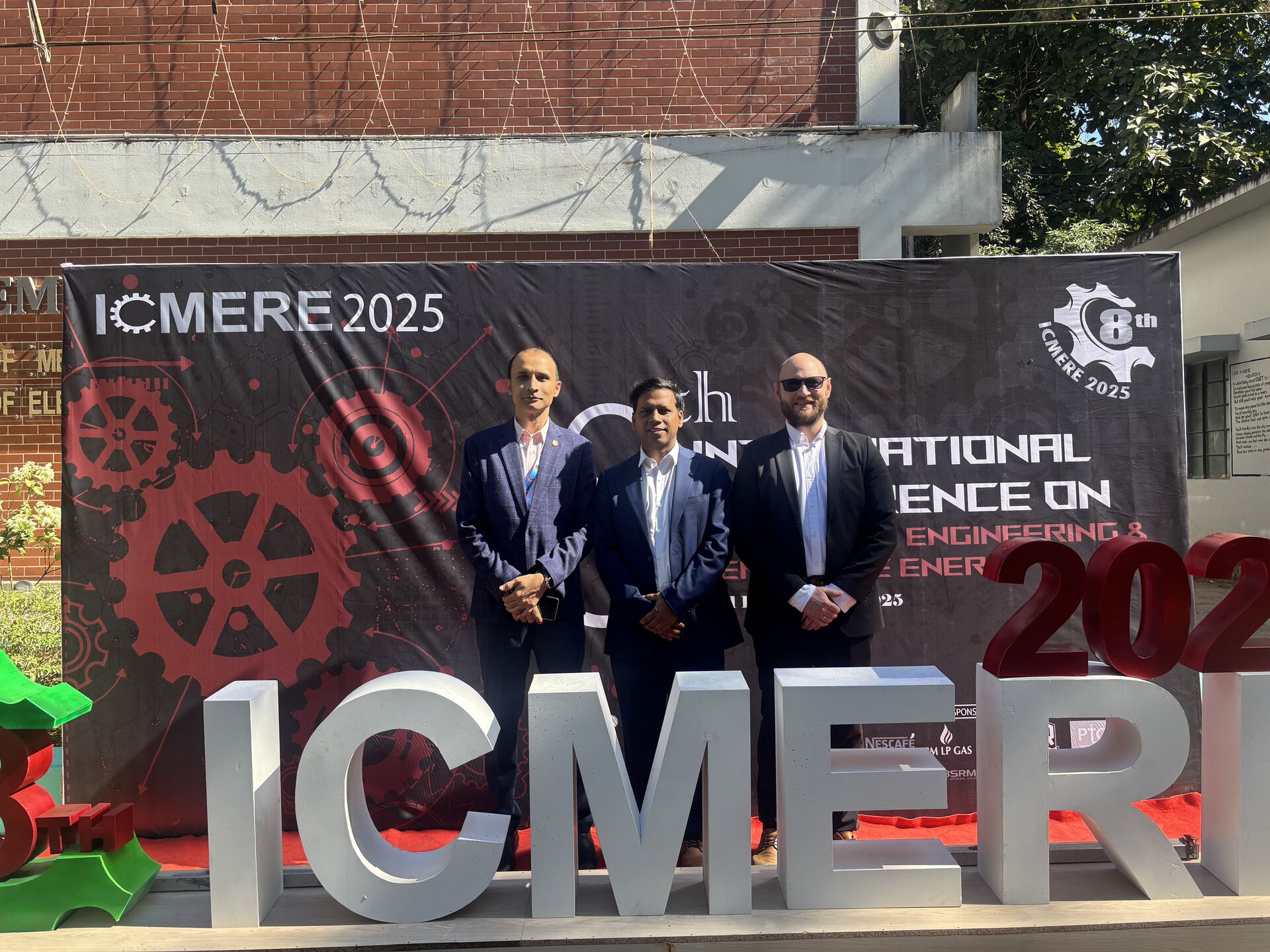 Picture of Souman Rudra and Tore Sandnes Vehus met the chair of the ICMERE 2025 conference they attended. From left: Chairman and Professor Sheikh Mohammad Humayun Kabir, Souman Rudra and Tore Sandnes Vehus.
