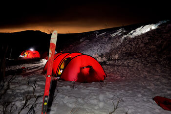 Image may contain: Red, Camping, Tent, Winter, Snow.