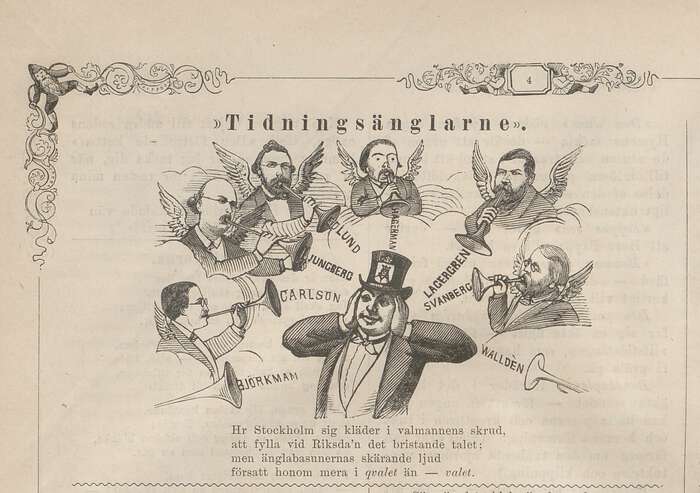 Photograph of a caricature from a newspaper dated 1872.