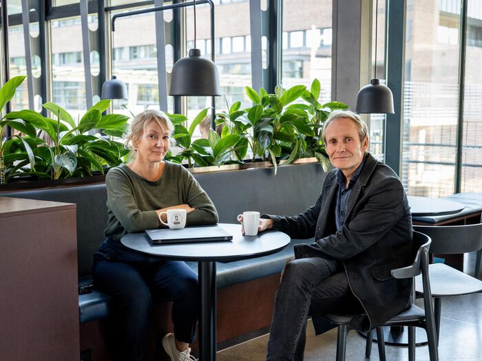 Foto viser forskerne Ann Christin E. Nilsen og Ove Skarpenes i samtale rundt et bord.