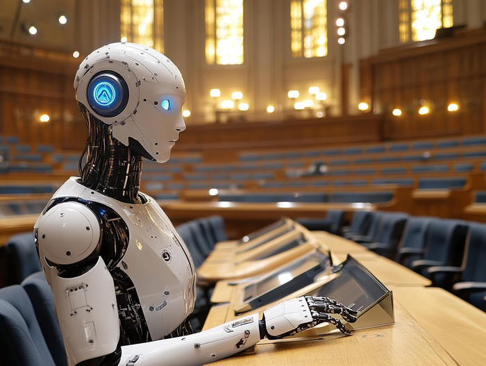 Foto er KI-generert og viser robot som sit aleine og arbeider i ein stor sal.