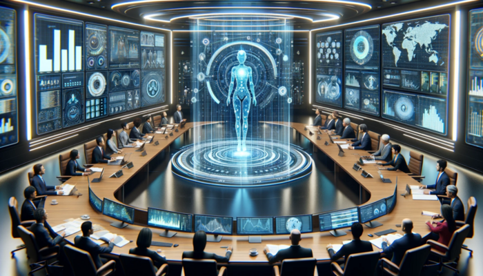 AI generated image of people around a table discussing artificial intelligence.