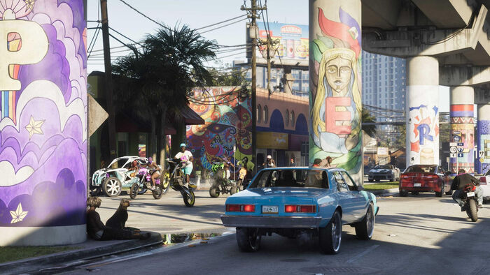 Bildet viser biler som kjører på gaten i spillet GTA 6.