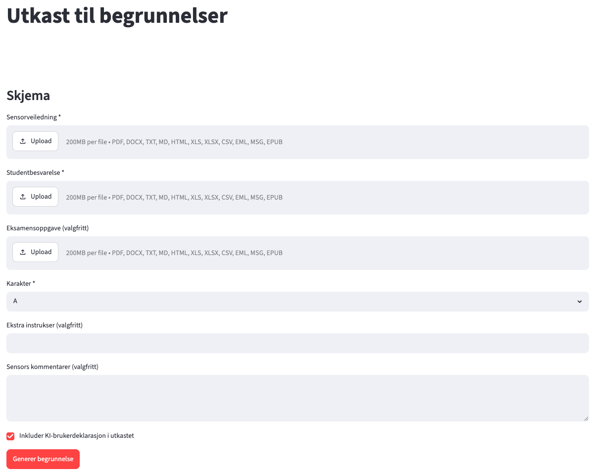 Screen-shot av begrunnelsesverktøyet