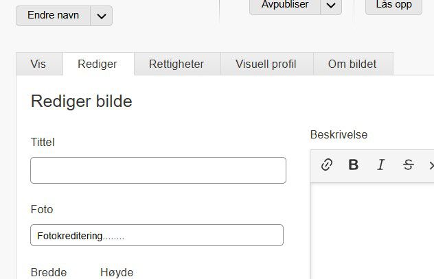 Bilde som viser feltet for tittel og hvor man skriver inn kreditering for bildet