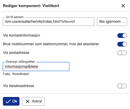 skjermbilde av visittkort dialog i vortex