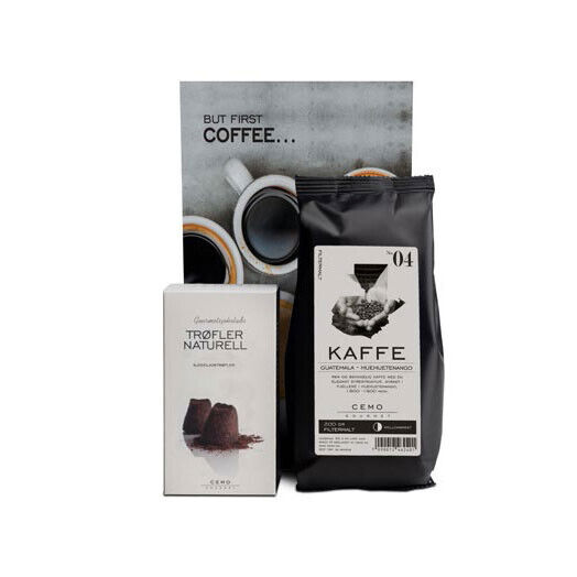 Gavepose bestående av kaffe og sjokoladetrøfler