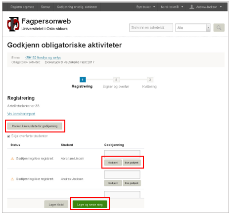 Skjermbilde fra Fagpersonweb som viser valgene for registrering av alle godkjente aktiviteter