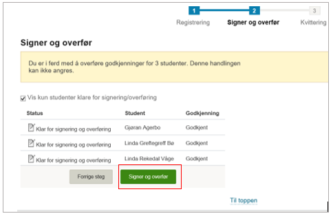Skjermbilde fra Fagpersonweb som viser valg for "Signer og godkjenn"