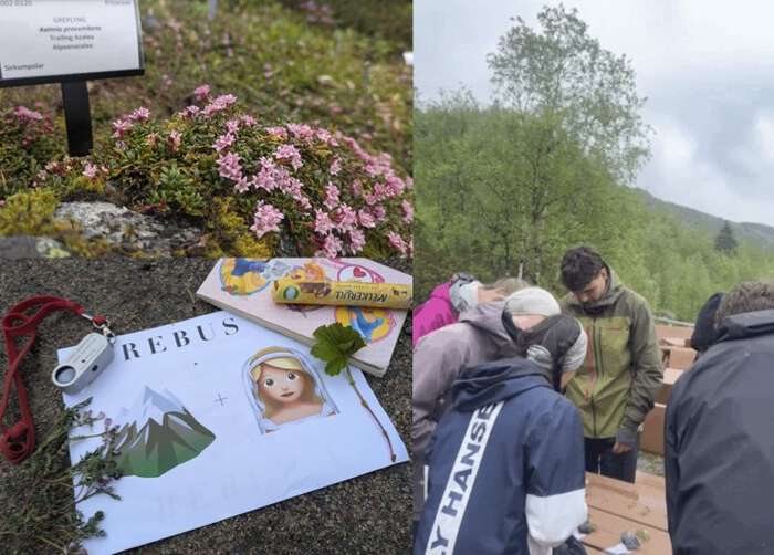 kolasj med bilder fra Ljosland fjellhage hvor studenter deltar på aktiviteter