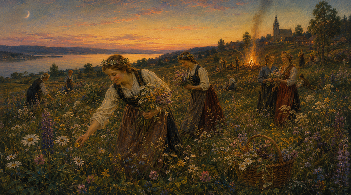 Kvinner som sanker blomsterbuketter i blomstereng ved solnedgang