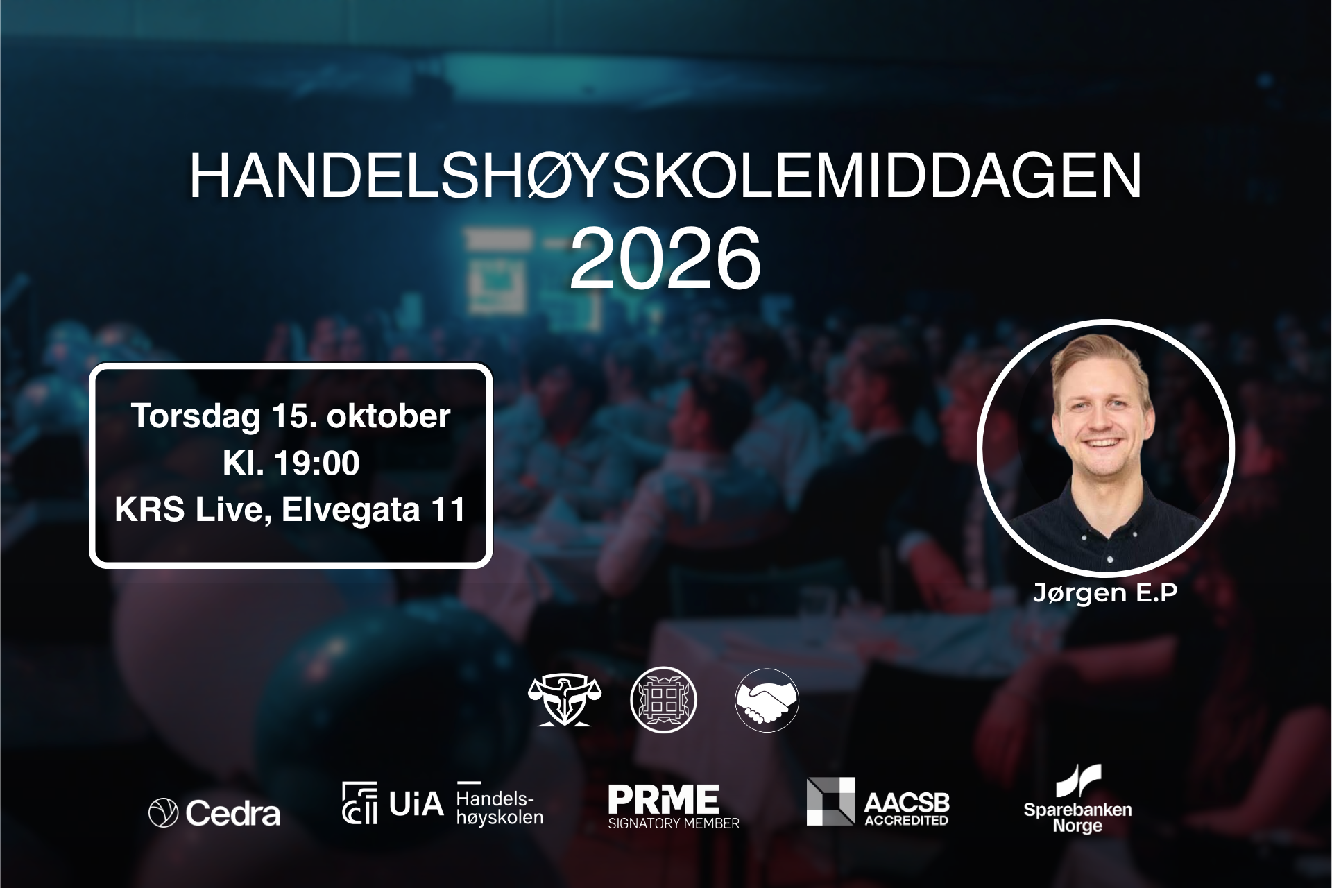 Handelshøyskolemiddagen 2026 arrangeres torsdag 15. oktober kl.19.00 på KRS LIVE, Elvegata 11 