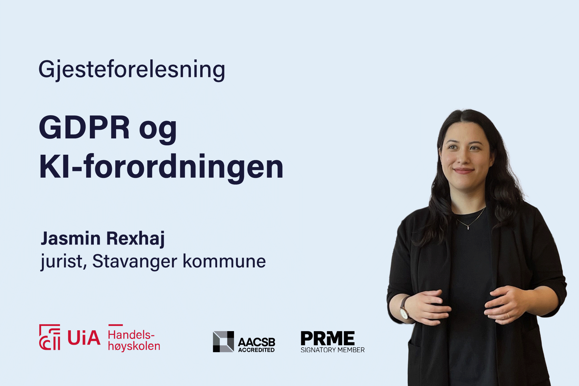 Gjesteforelesning om GDPR og KI-forordningen av Jasmin Rexhaj, jurist i Stavanger kommune