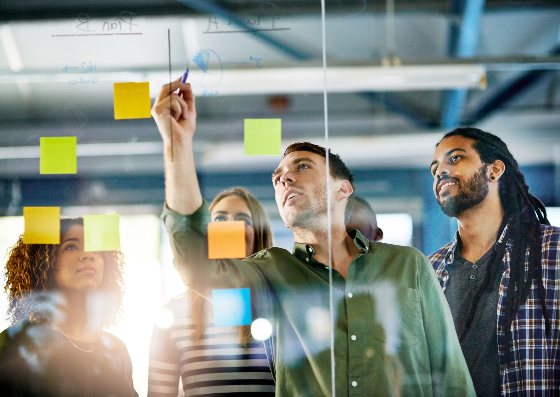 4 people working with post-it