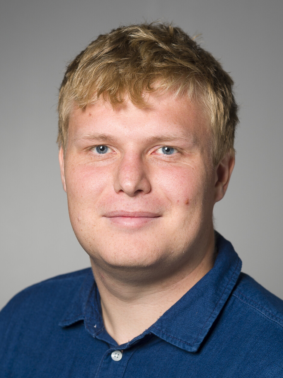 Portettbilde av en mann i blå skjorte