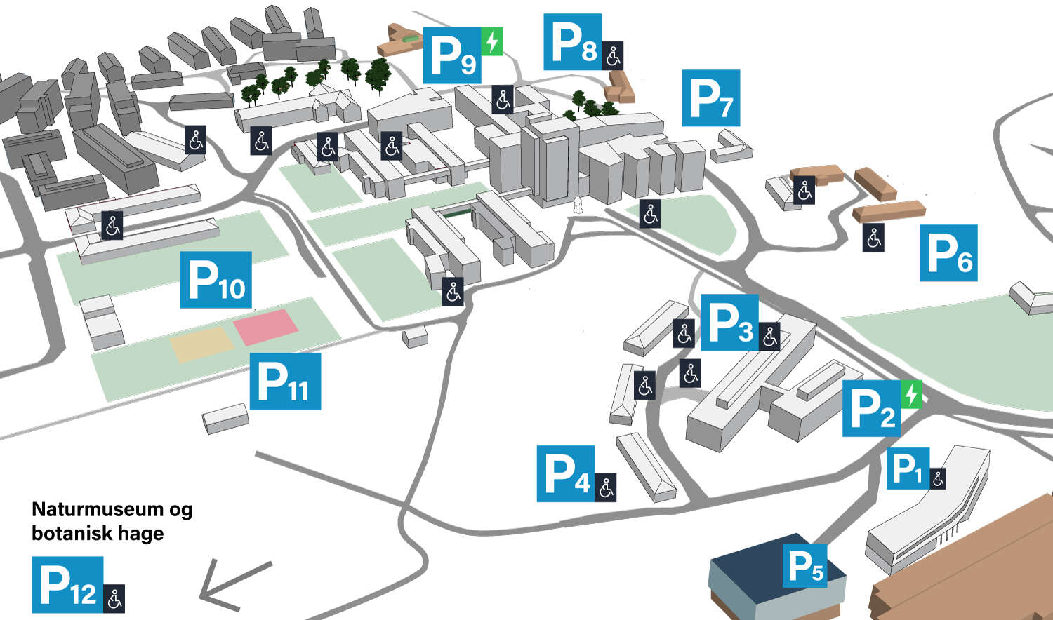 Kart som viser hvor parkeringsplassene på Campus Kristiansand er
