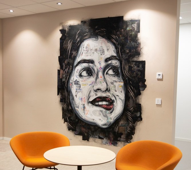 Image may contain: Furniture, Table, Art, Wall, Paint.