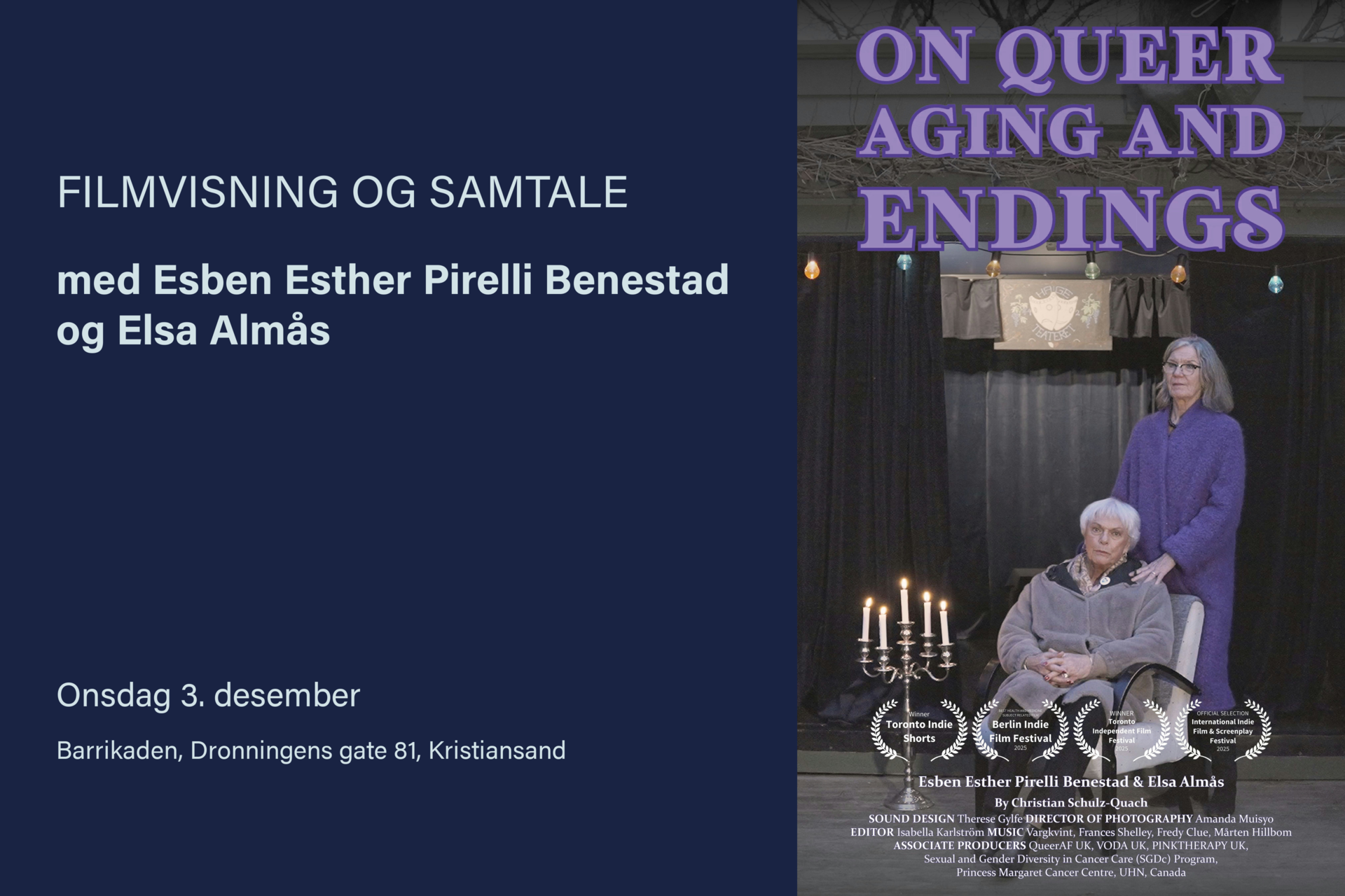 Det er bilde av coveret til dokumentarfilmen. Esben Esther sitter på en stol med grå jakke og ser alvorlig ut. Elsa står bak hen med en lilla kåpe og holder hen på skulderen, samtidig som hun ser alvorlig ut. Ved siden av er det en tent lysestake med fem lys. I bakgrunnen er det et sceneteppe.