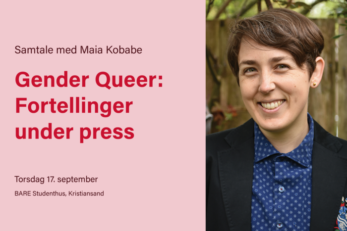 Rosa kollasj med et smilende bilde av Maia Kobabe, hen har på seg en denim-skjorte