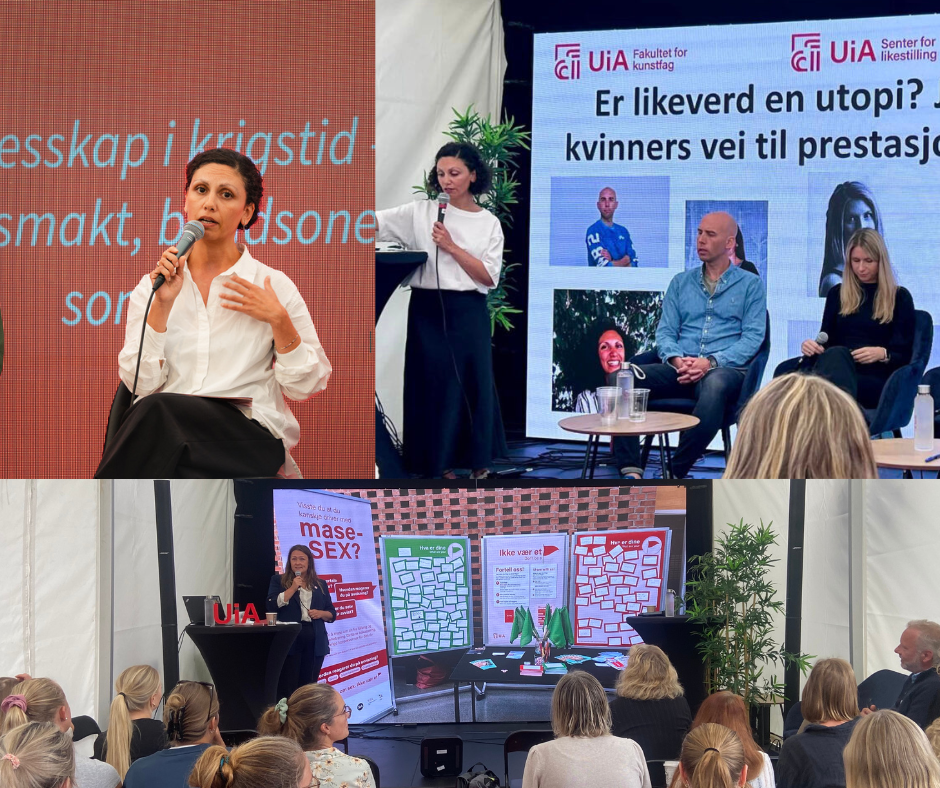Bildet viser en collage av tre arrangementer under Arendalsuka. Øverst til venstre sitter Rasha Abdallah på en stol med en mikrofon i hånden foran en rød bakgrunn med tekst. Øverst til høyre er det en paneldiskusjon med blant andre Rasha Abdallah og to andre personer foran en skjerm som viser teksten "Er likeverd en utopi? og logoen til Universitetet i Agder. Nederst står Claudia Klostergaard ved et podium og snakker til et publikum som ser på en presentasjon med fargerike plakater i bakgrunnen. 