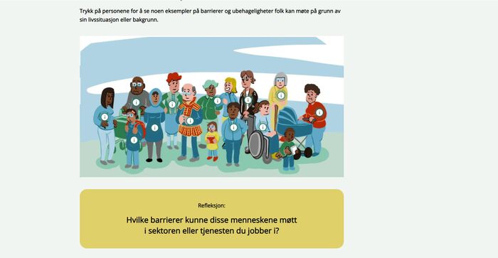 Bildet viser en illustrasjon av en gruppe mennesker med ulike bakgrunner og funksjonshemninger. De er kledd i forskjellige klær som kan indikere ulike yrker eller roller. Noen av personene har synlige funksjonshemninger, som en person i rullestol. Det er også en tekstboks til venstre med gul bakgrunn som stiller spørsmålet: "Hvilke barrierer kunne disse menneskene møtt i sektoren eller tjenesten de jobber i?" Til høyre er det en instruksjon som sier: "Trykk på personene for å se noen eksempler på barrierer de kan møte på grunn av sin situasjon eller bakgrunn."