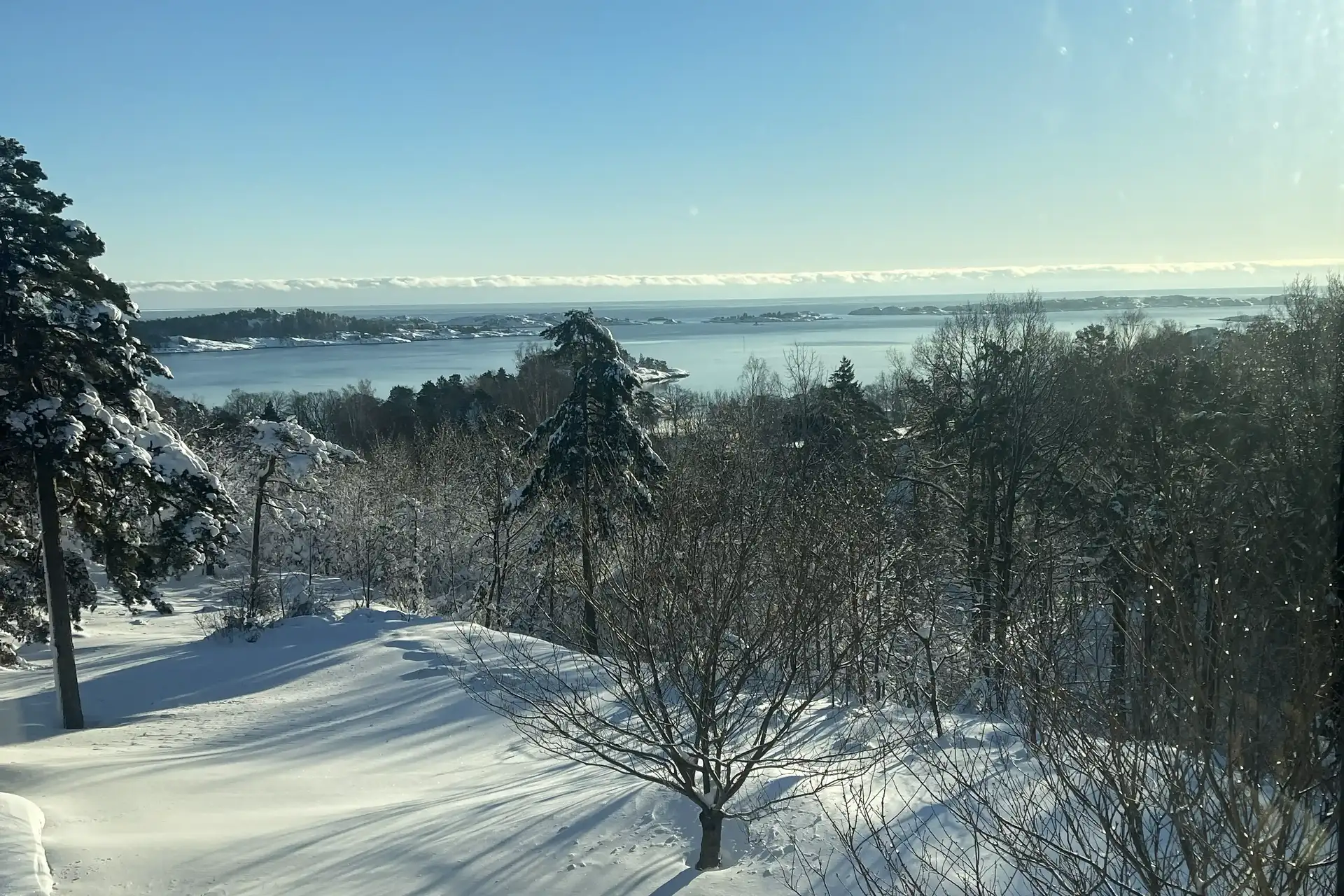 Bildet kan inneholde: himmel, blå, snø, tre, gren.