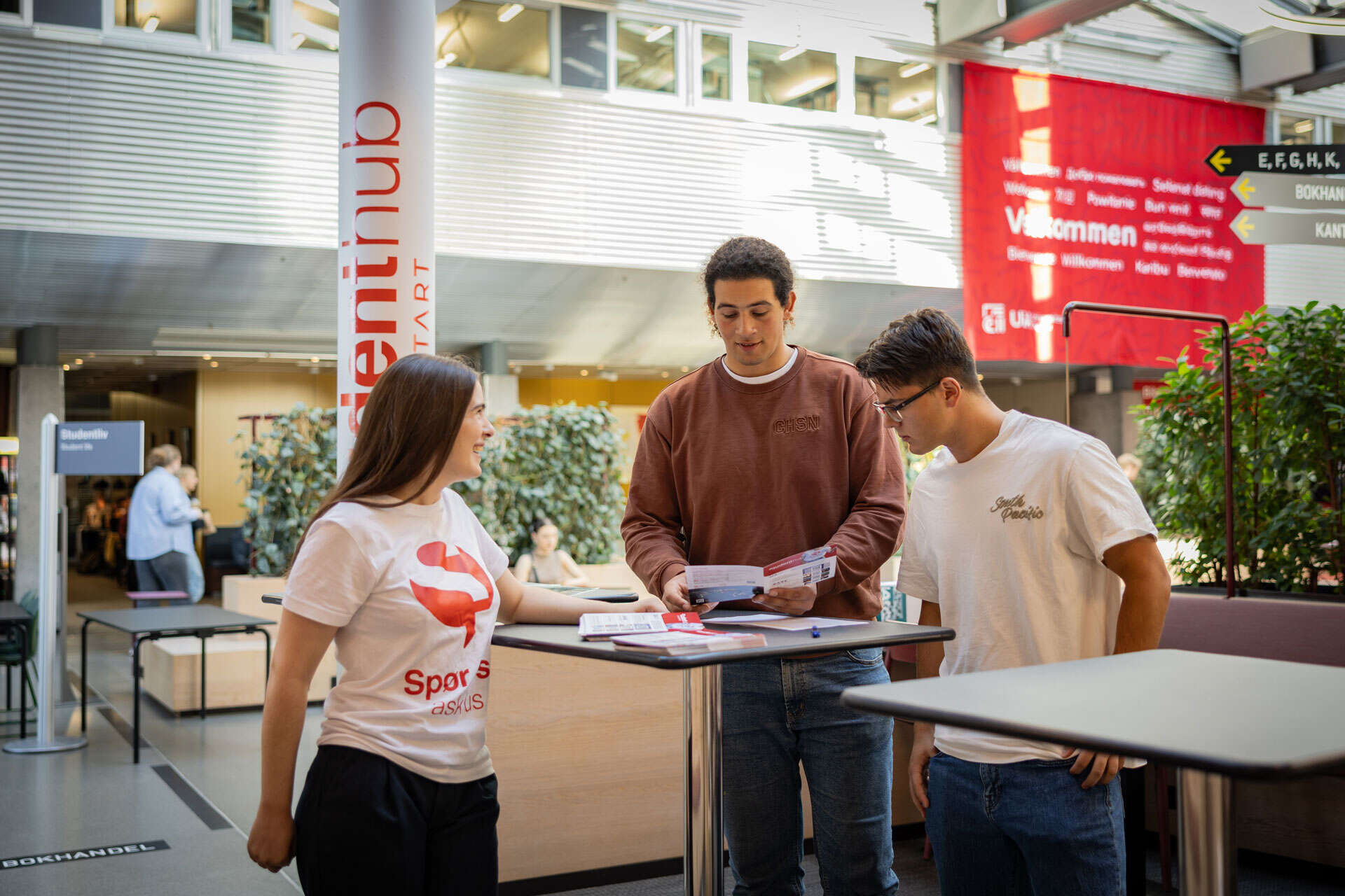Three people talking in the Student Hub in Vrimlehallen on Campus Kristiansand