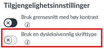 Skjermbilde av valget for aktivering av dysleksivennlig skrifttype