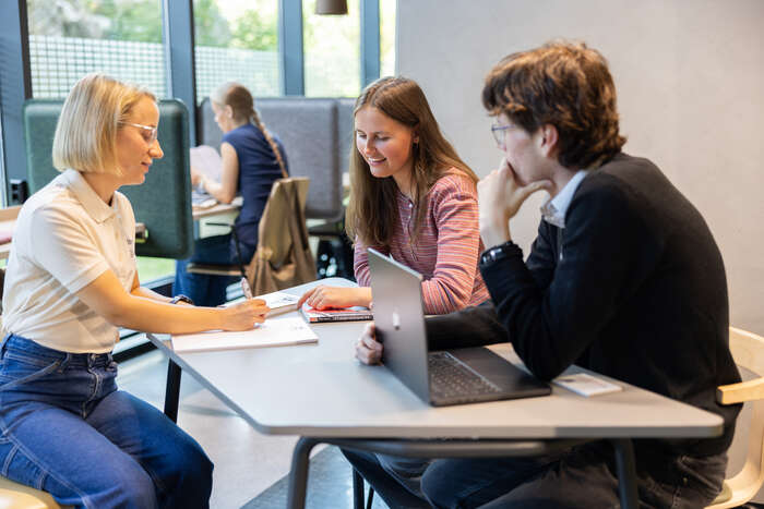 Tre studenter jobber sammen