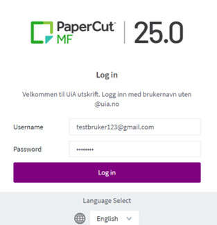 Skjermdump som viser innloggingsfeltet
