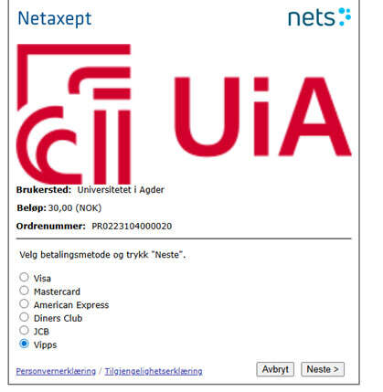 Skejrmdump av felt hvor en velger betalingsmetode. Enten Visa, Mastercard, American Express, Diners Club, JCB eller Vipps